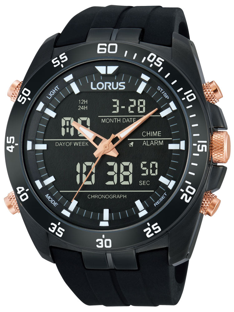 Lorus RW615AX9 analog to digital alarm chronograph 100M 46mm